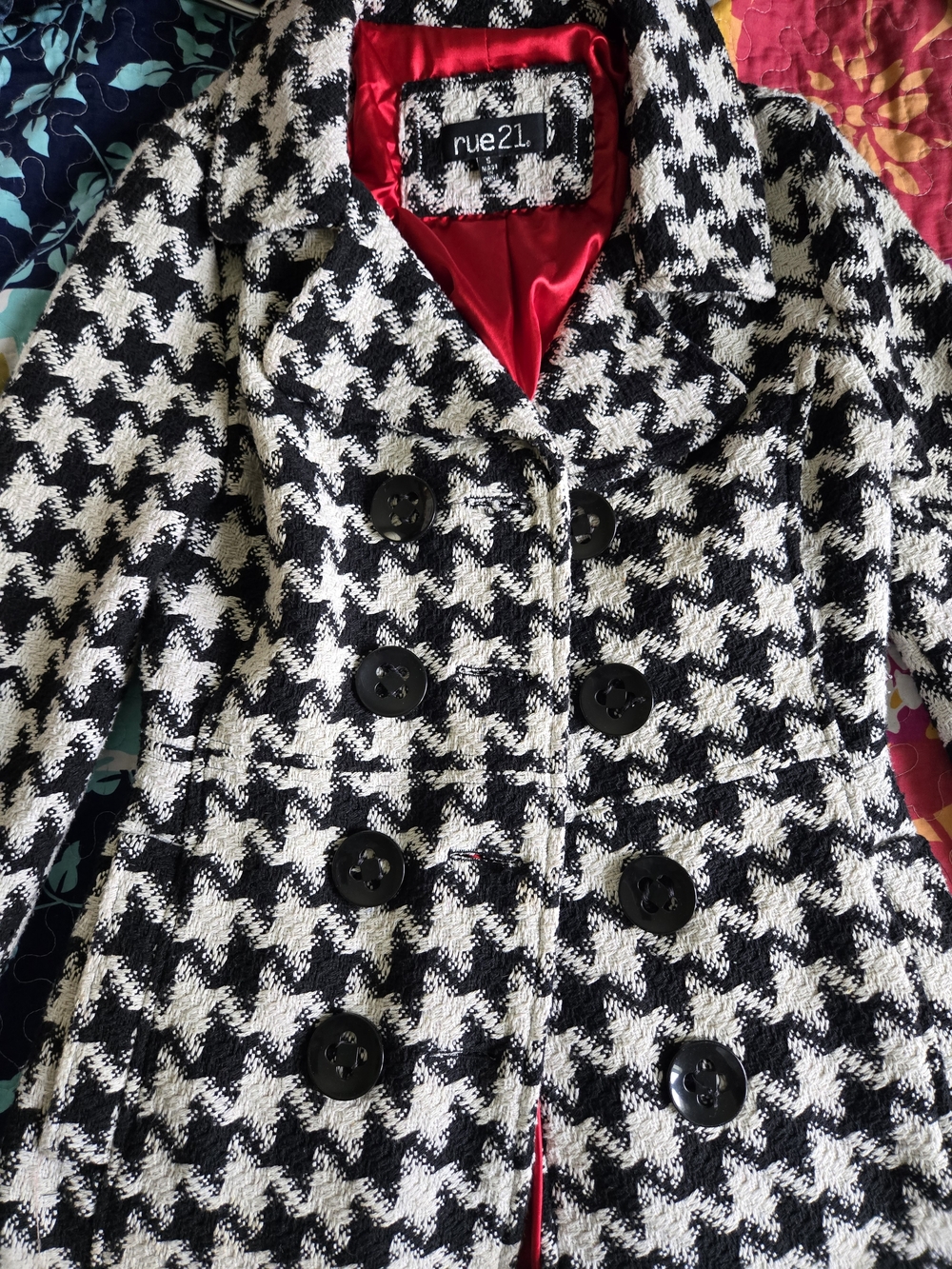 rue21 Black & White Houndstooth Double-Breasted Pea Coat